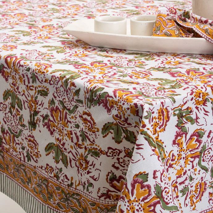 Jaal Floral Block Printed Cotton Dining Table Cover